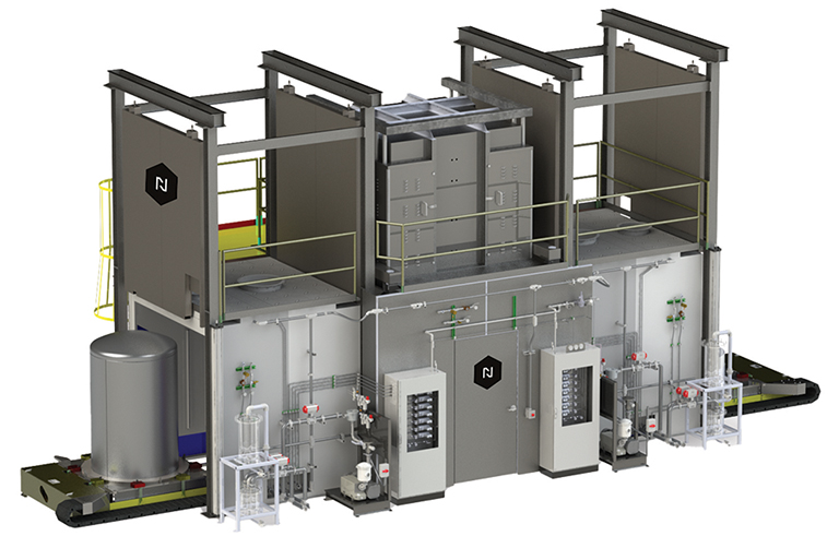 Schematic of the Nitrex sealed atmosphere retort furnace for vapor phase aluminizing of engine blades and vanes, illustrating its structure and operational layout.